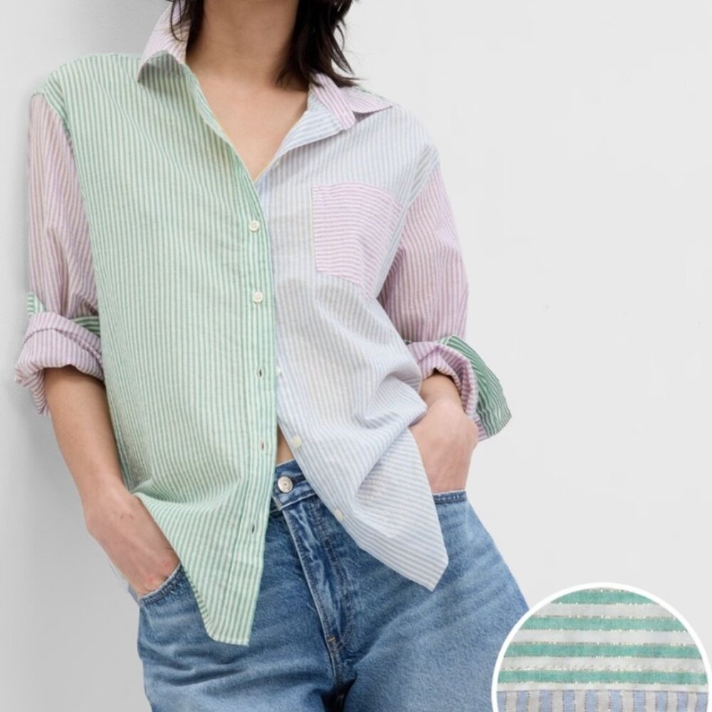 GAP Metallic Mixed Stripe Oversized Button Up Big… - image 1